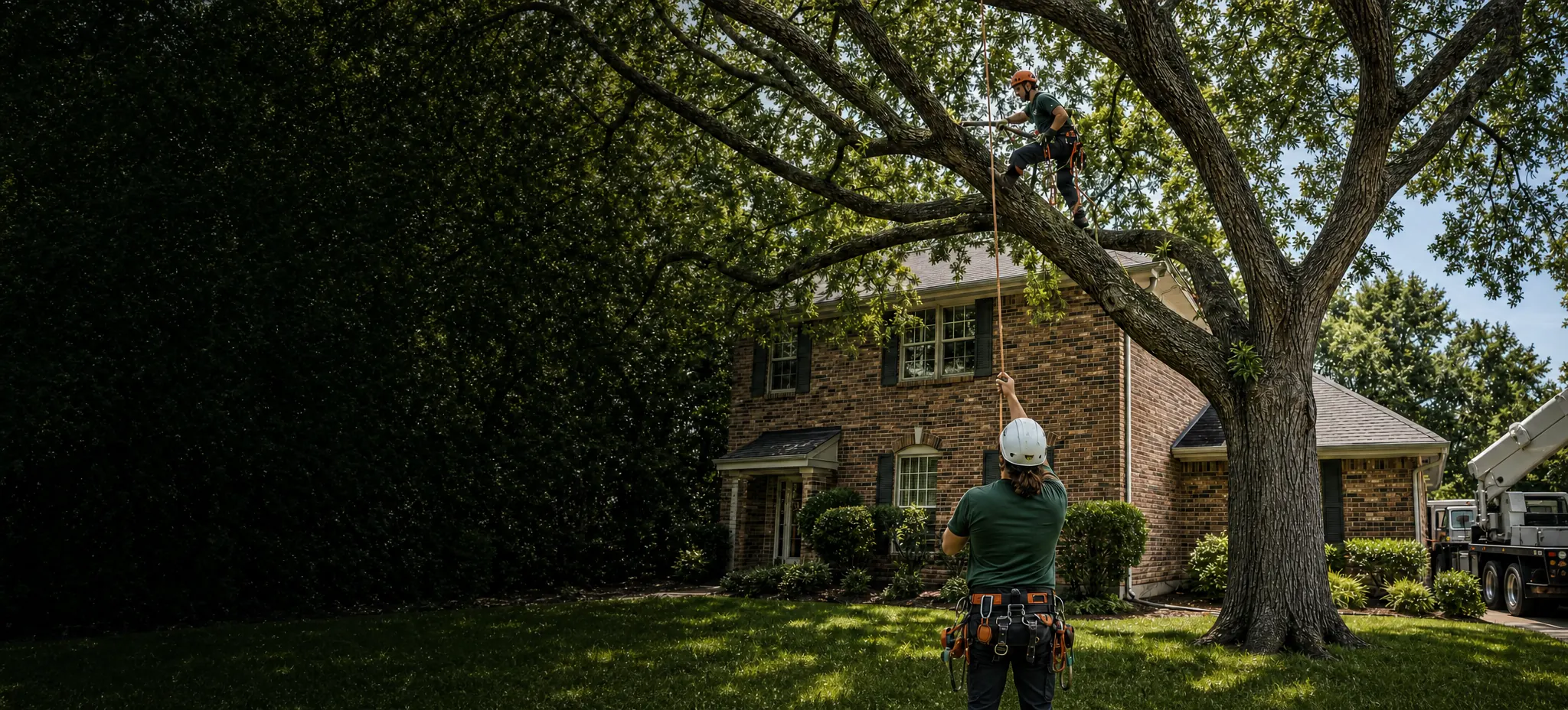 Eagle Tree Experts crew pruning a large live oak over a brick home in Plano, Texas