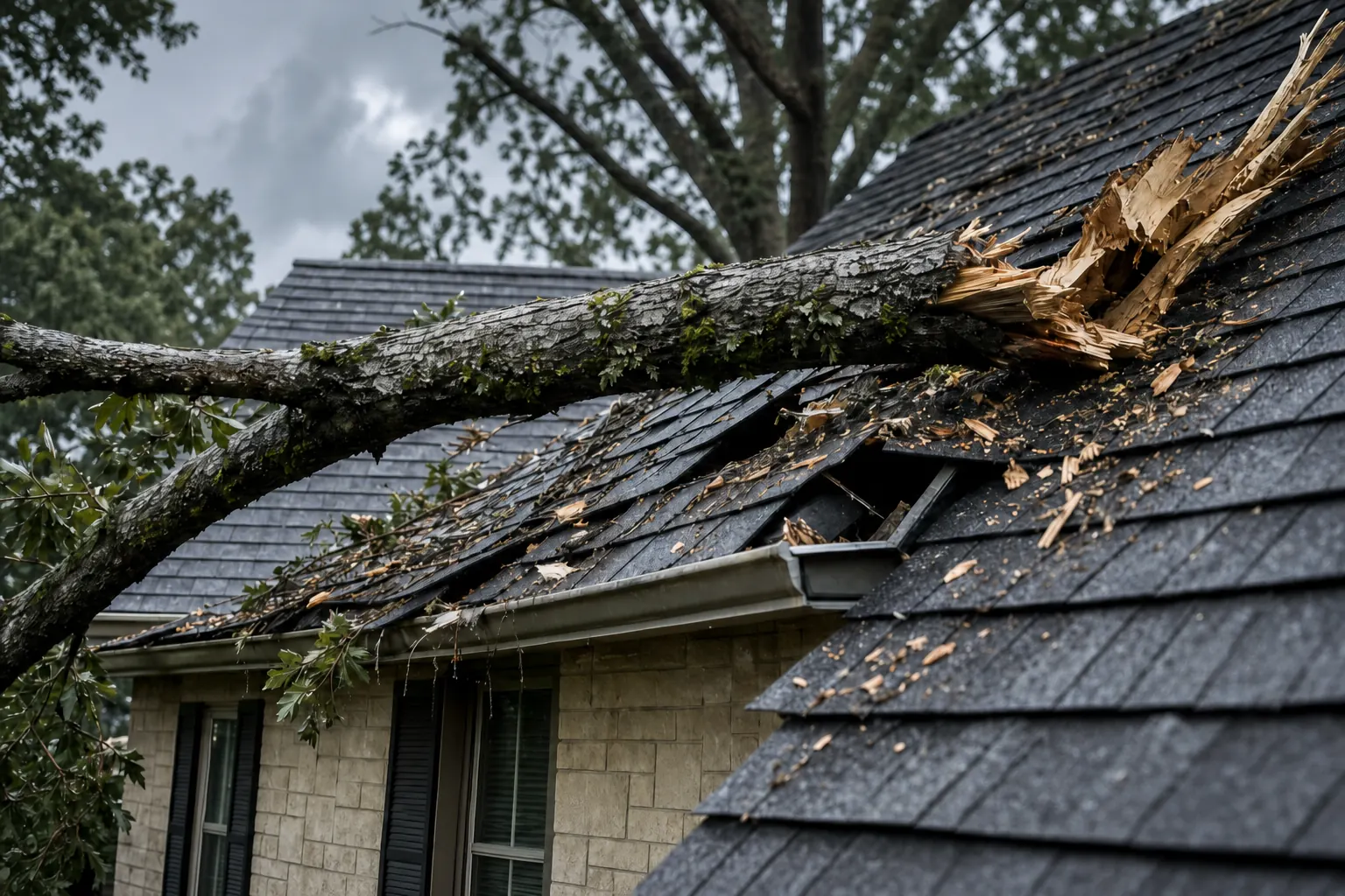 Large oak limb fallen on a house roof after a North Texas storm