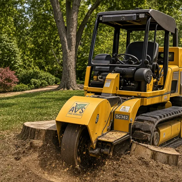 Stump grinder working in a lawn