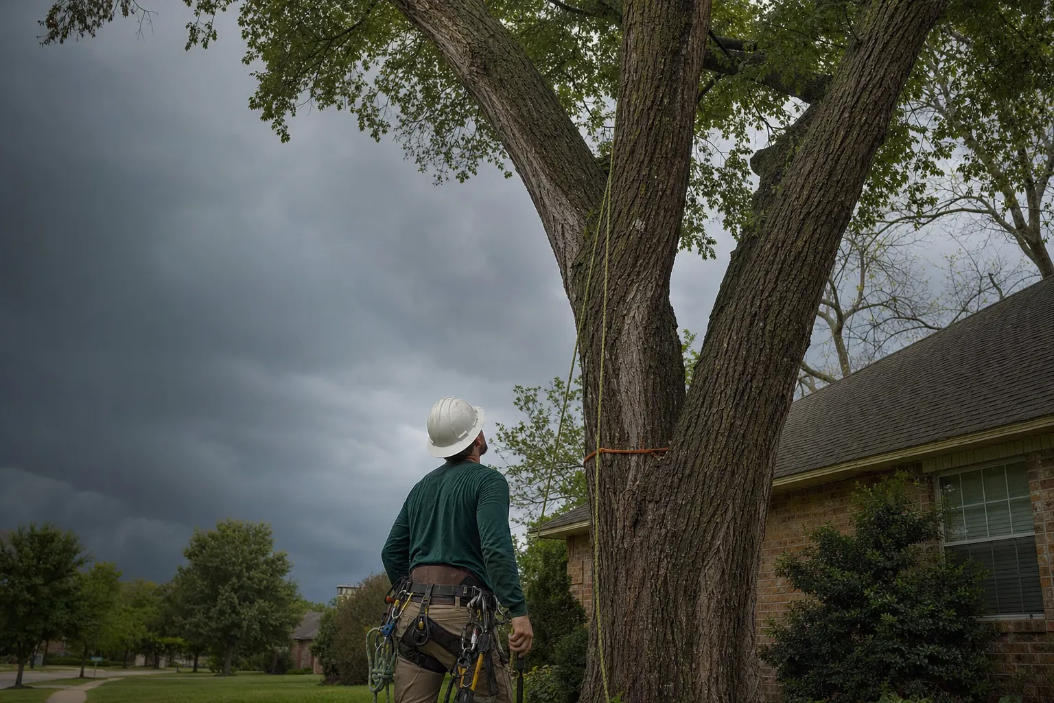 Arborist checking a split branch union on a large tree before storm season